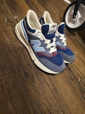 New Balance Kids Blue and Light Blue Athletic Sneakers with Maroon Accent